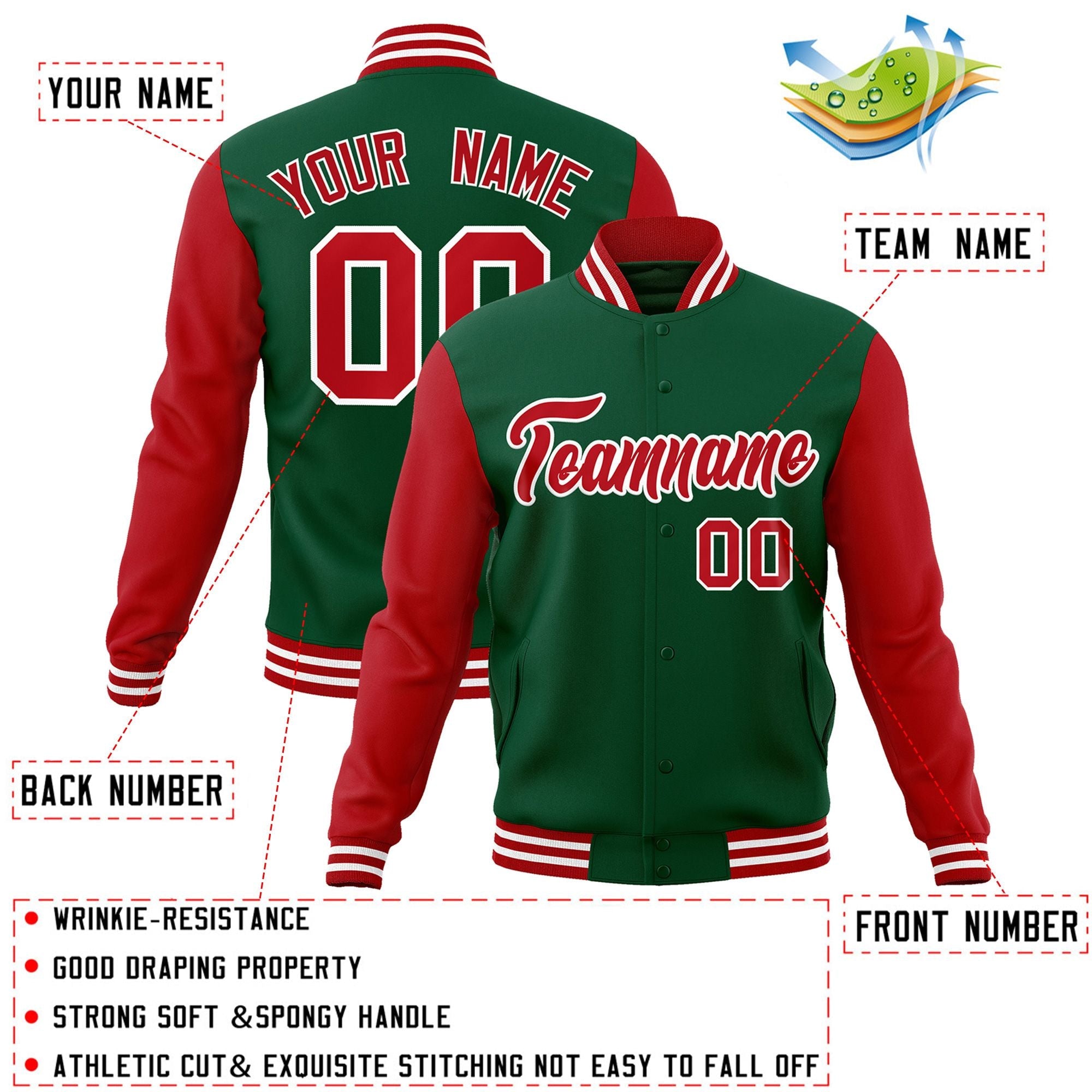 Veste Letterman Varsity Full-Snap à manches raglan personnalisées vert rouge-blanc