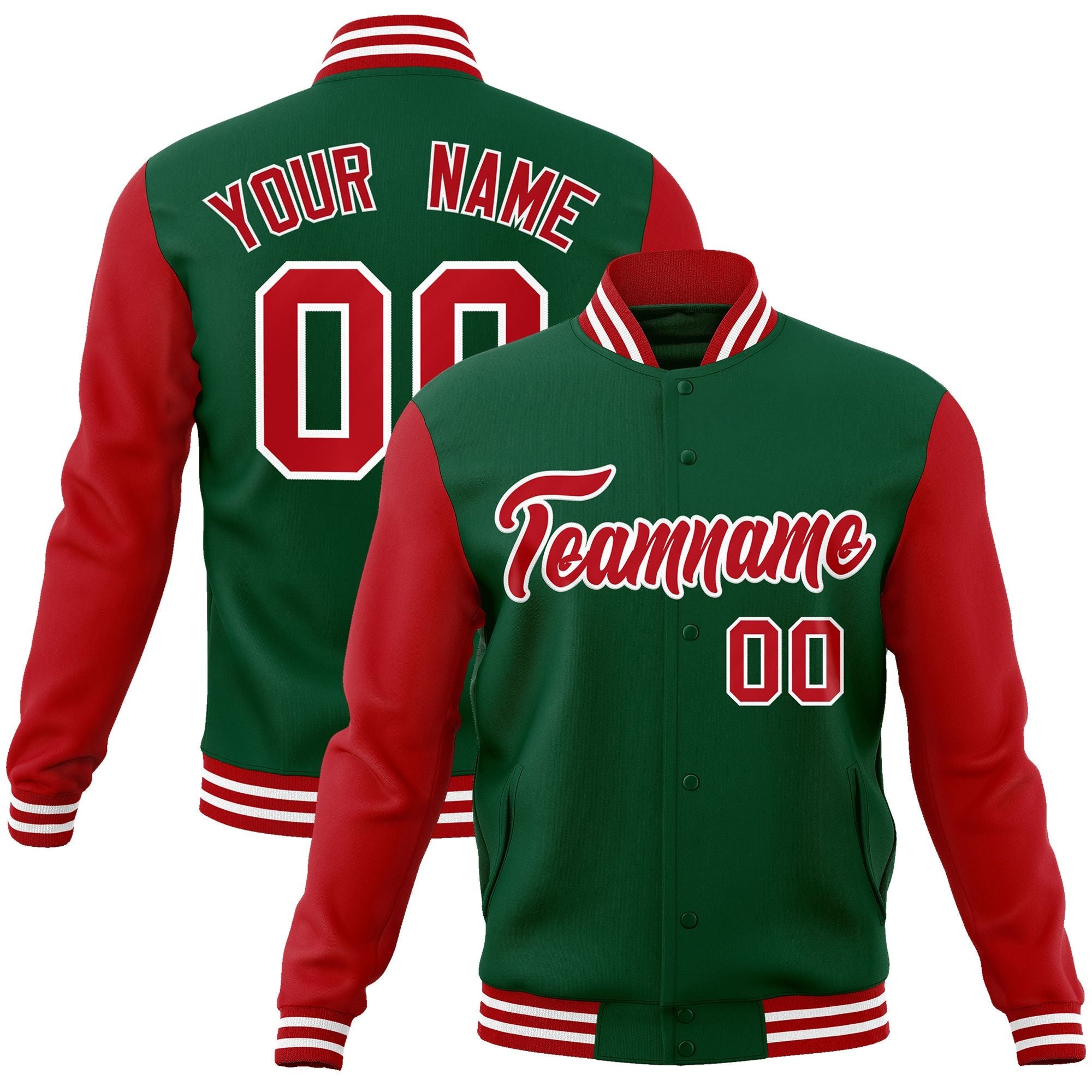 Custom Green Red-White Raglan Sleeves Varsity Full-Snap Letterman Jacket