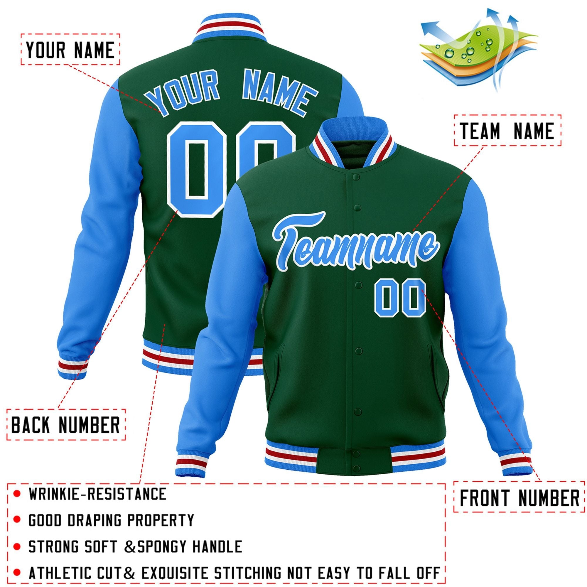 Custom Green Powder Blue-White Raglan Sleeves Varsity Full-Snap Letterman Jacket