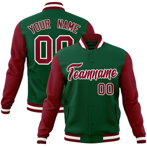 Custom Green Crimson-White Raglan Sleeves Varsity Full-Snap Letterman Jacket