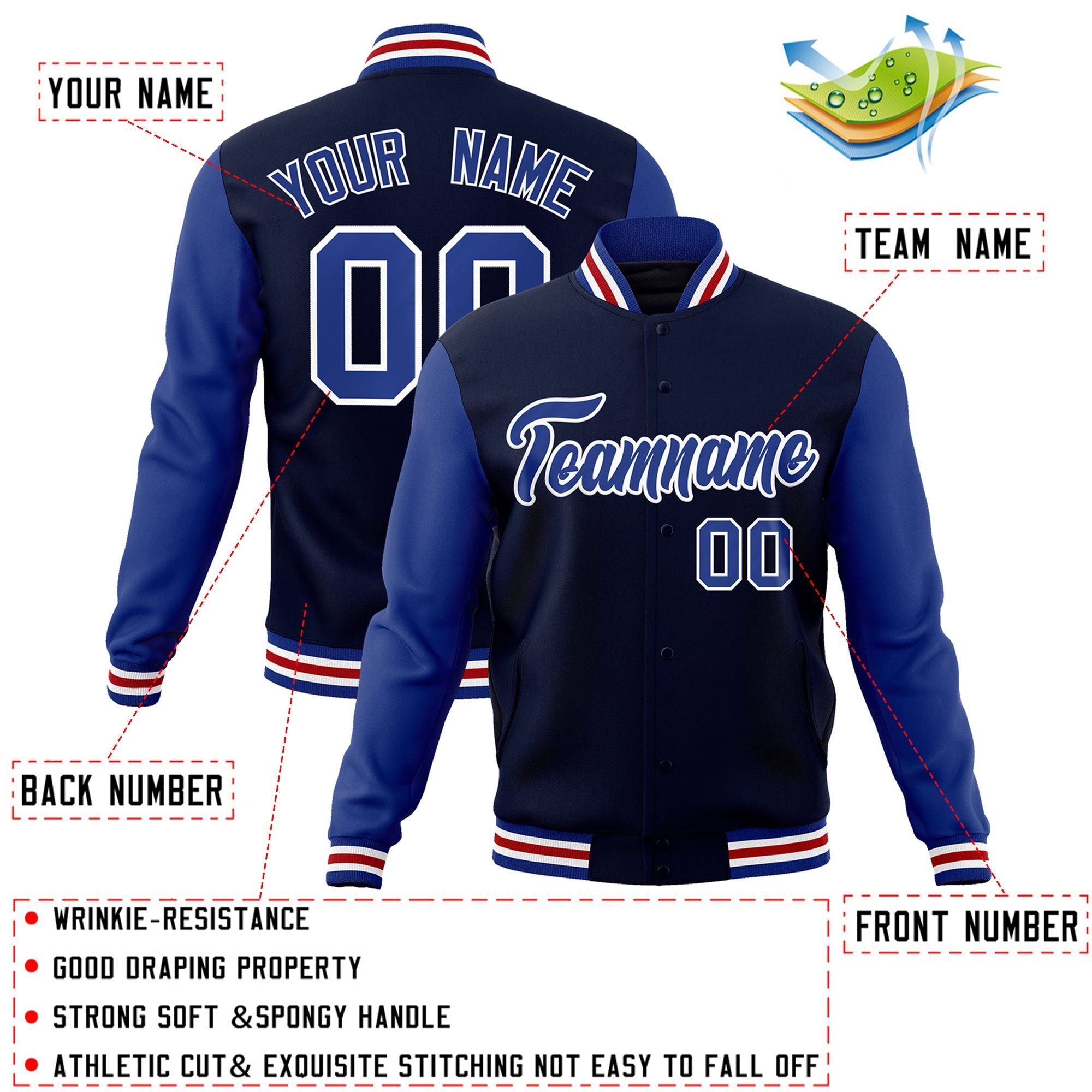 Veste Letterman Varsity Full-Snap à manches raglan bleu marine et blanc personnalisée