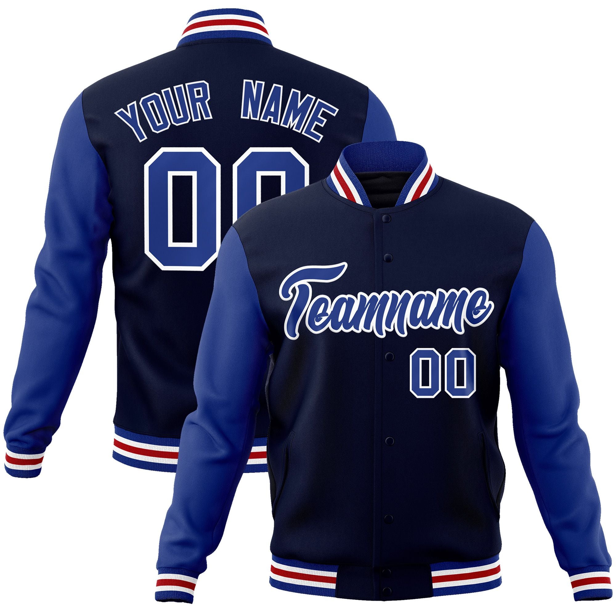 Custom Navy Royal-White Raglan Sleeves Varsity Full-Snap Letterman Jacket