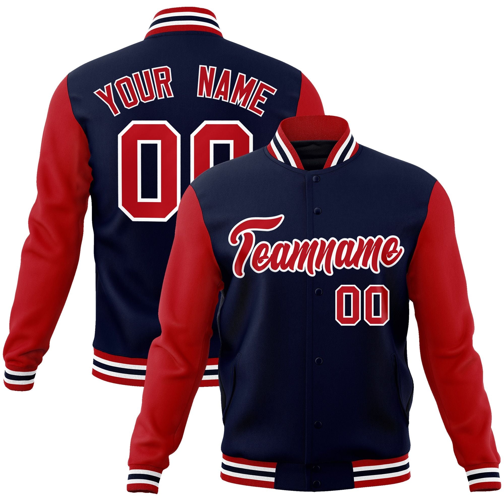 Custom Navy Red-White Raglan Sleeves Varsity Full-Snap Letterman Jacket