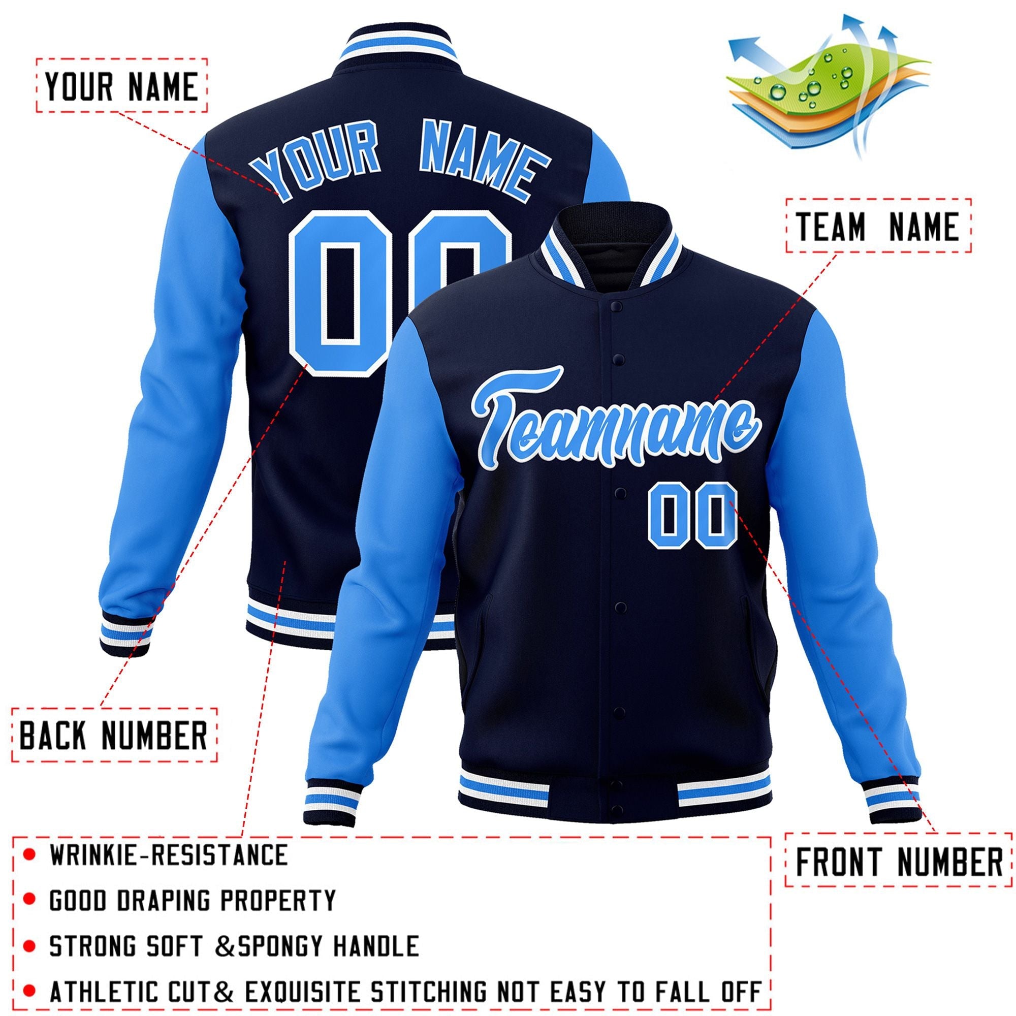 Veste Letterman Varsity Full-Snap à manches raglan bleu marine-blanc personnalisée