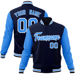 Custom Navy Powder Blue-White Raglan Sleeves Varsity Full-Snap Letterman Jacket