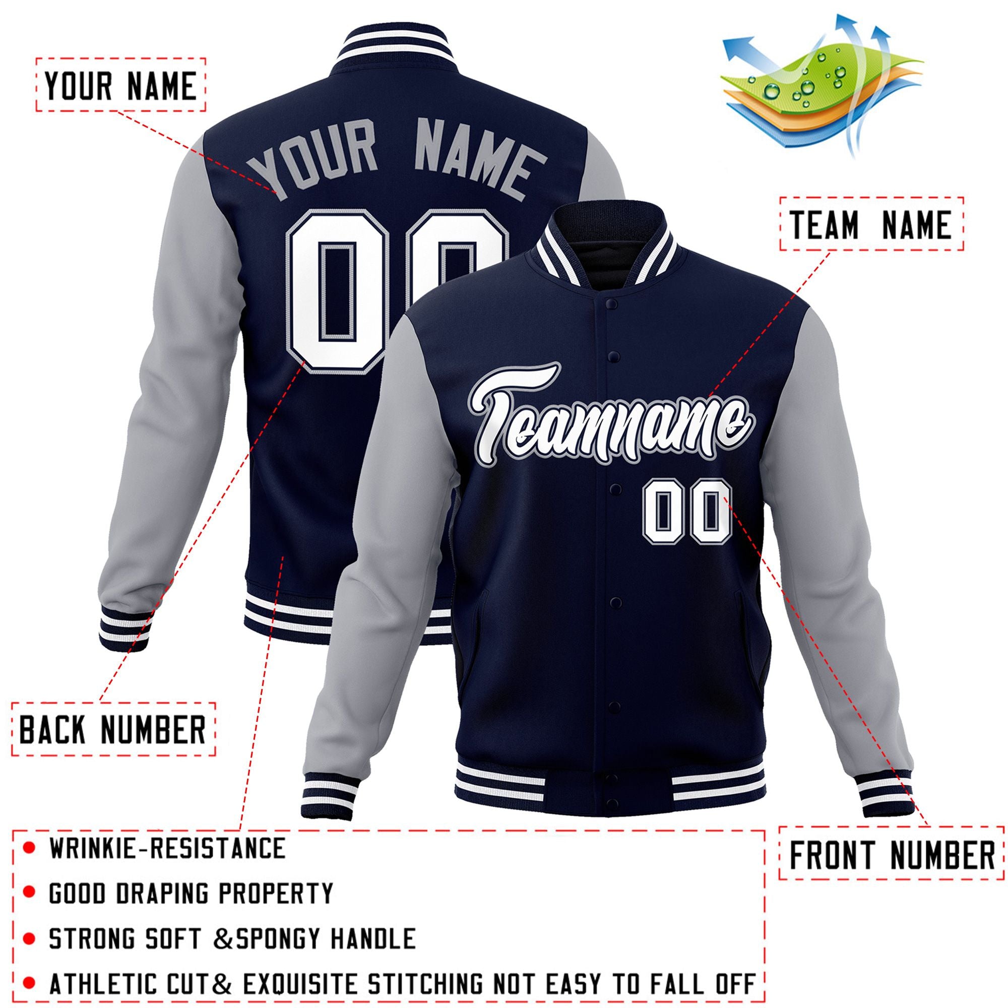 Veste Letterman universitaire à manches raglan blanc-marine personnalisée