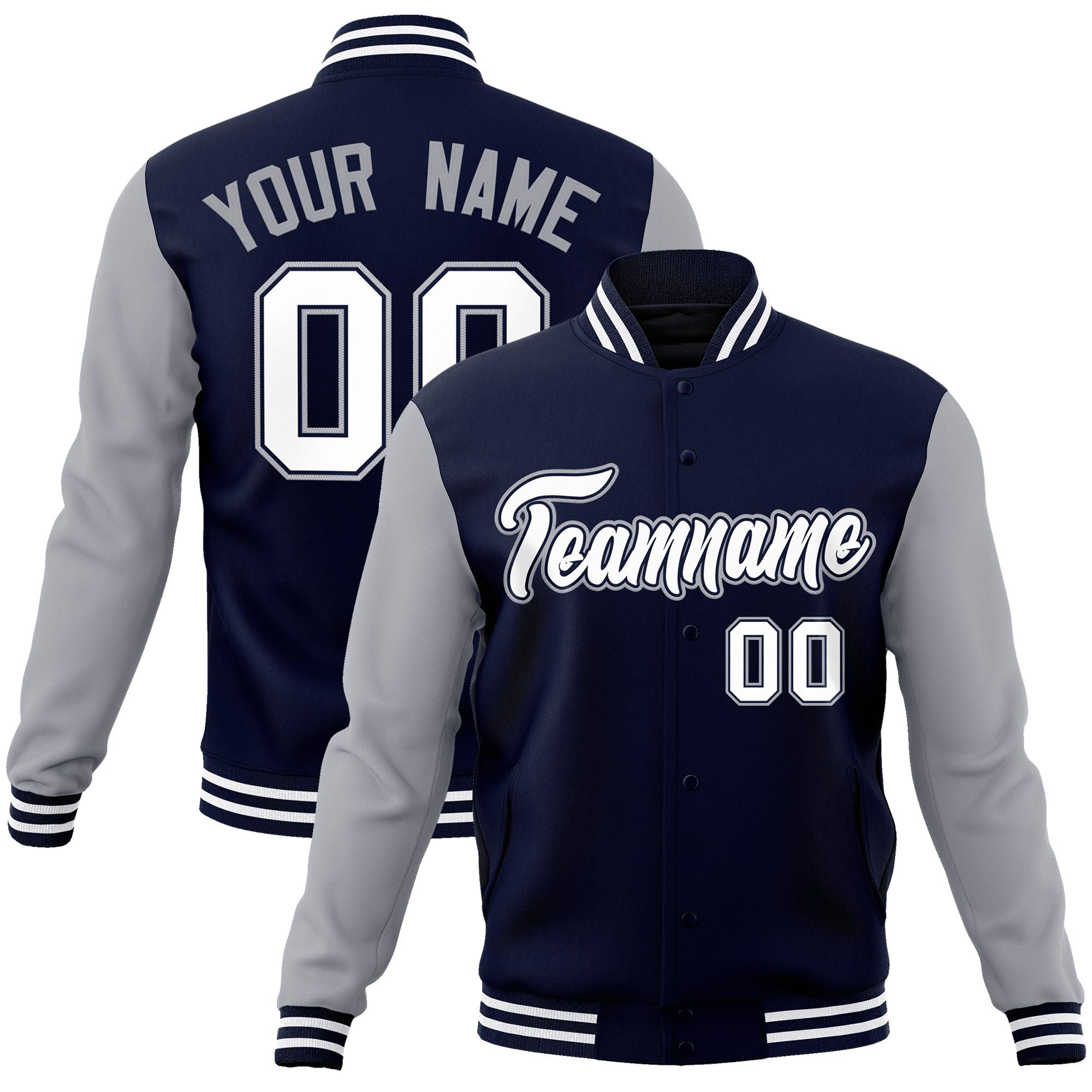 Custom Navy White-Navy Raglan Sleeves Varsity Full-Snap Letterman Jacket