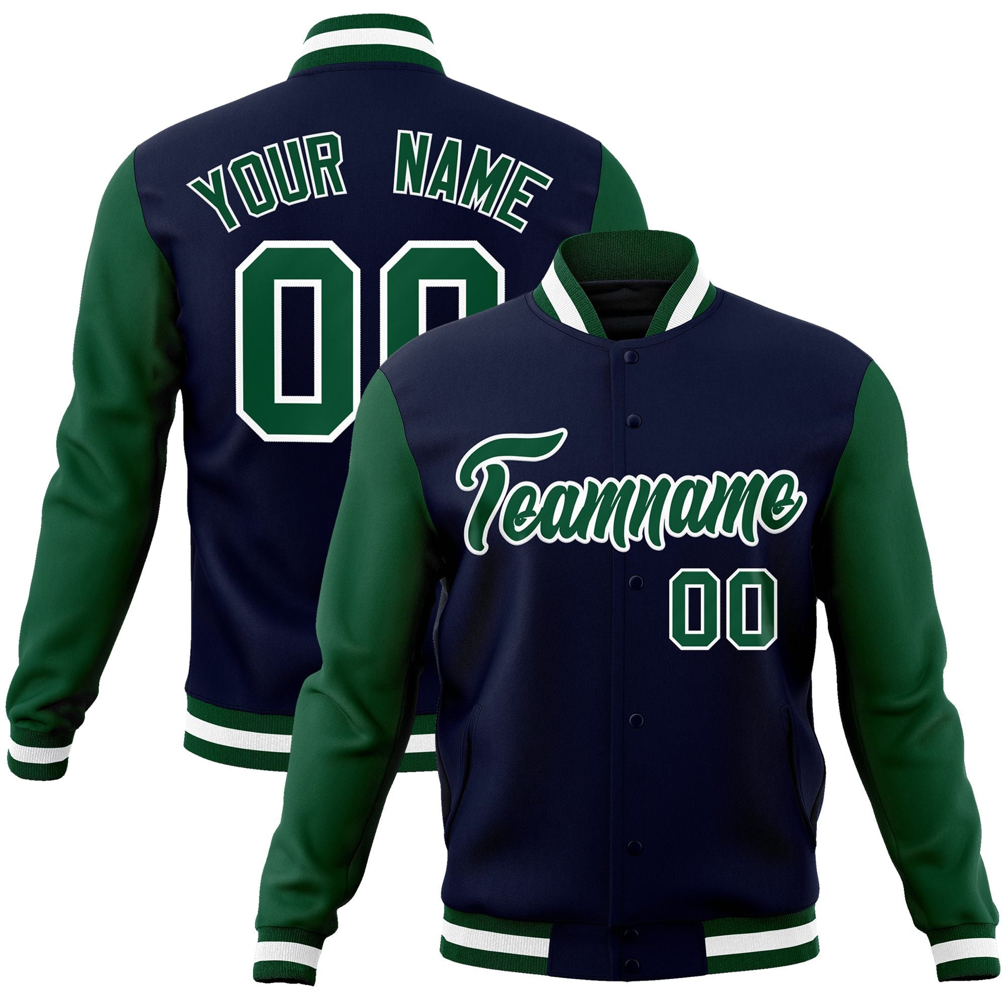 Custom Navy Green-White Raglan Sleeves Varsity Full-Snap Letterman Jacket