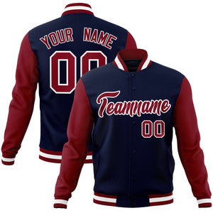 Custom Navy Crimson-White Raglan Sleeves Varsity Full-Snap Letterman Jacket