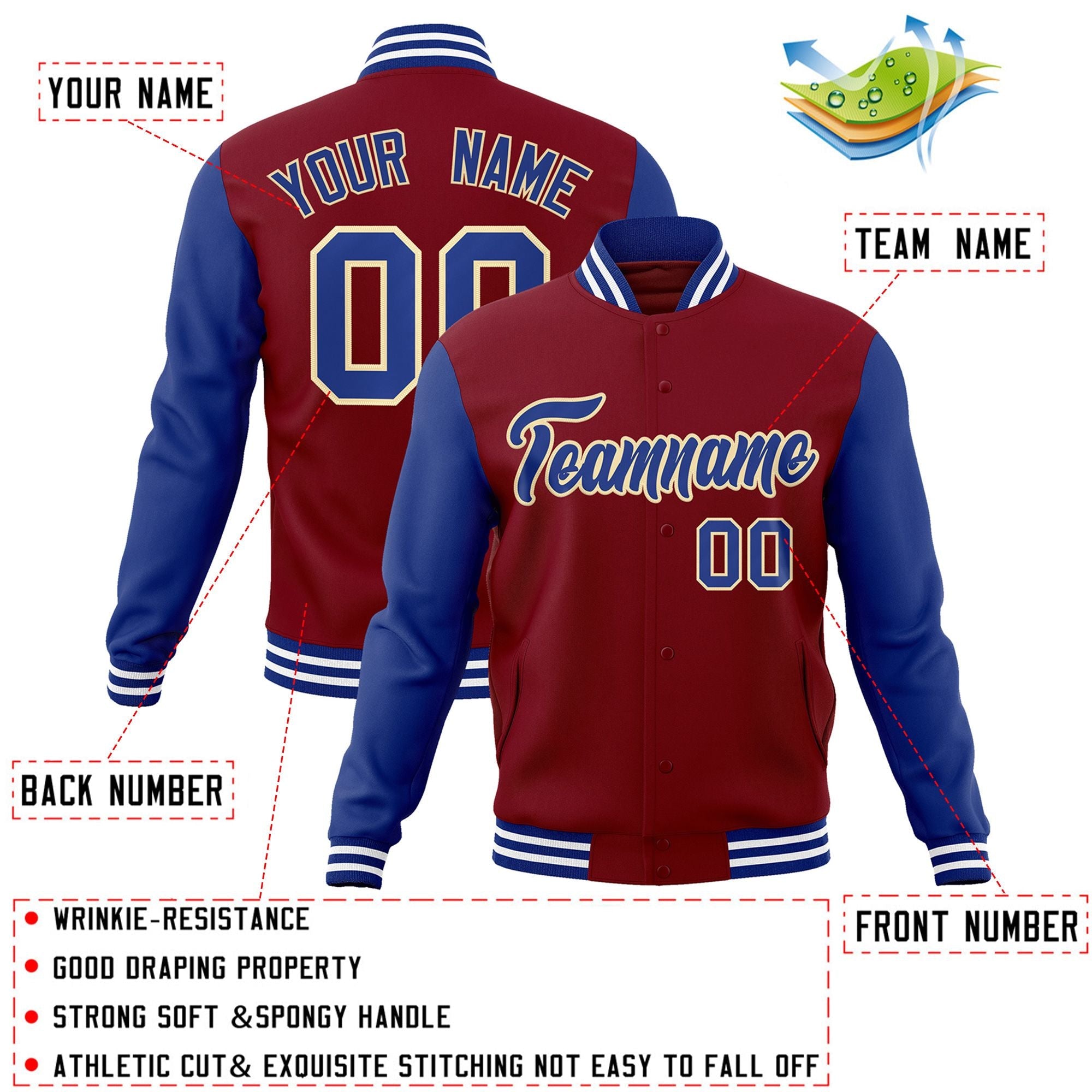 Custom Crimson Royal-Khaki Raglan Sleeves Varsity Full-Snap Letterman Jacket