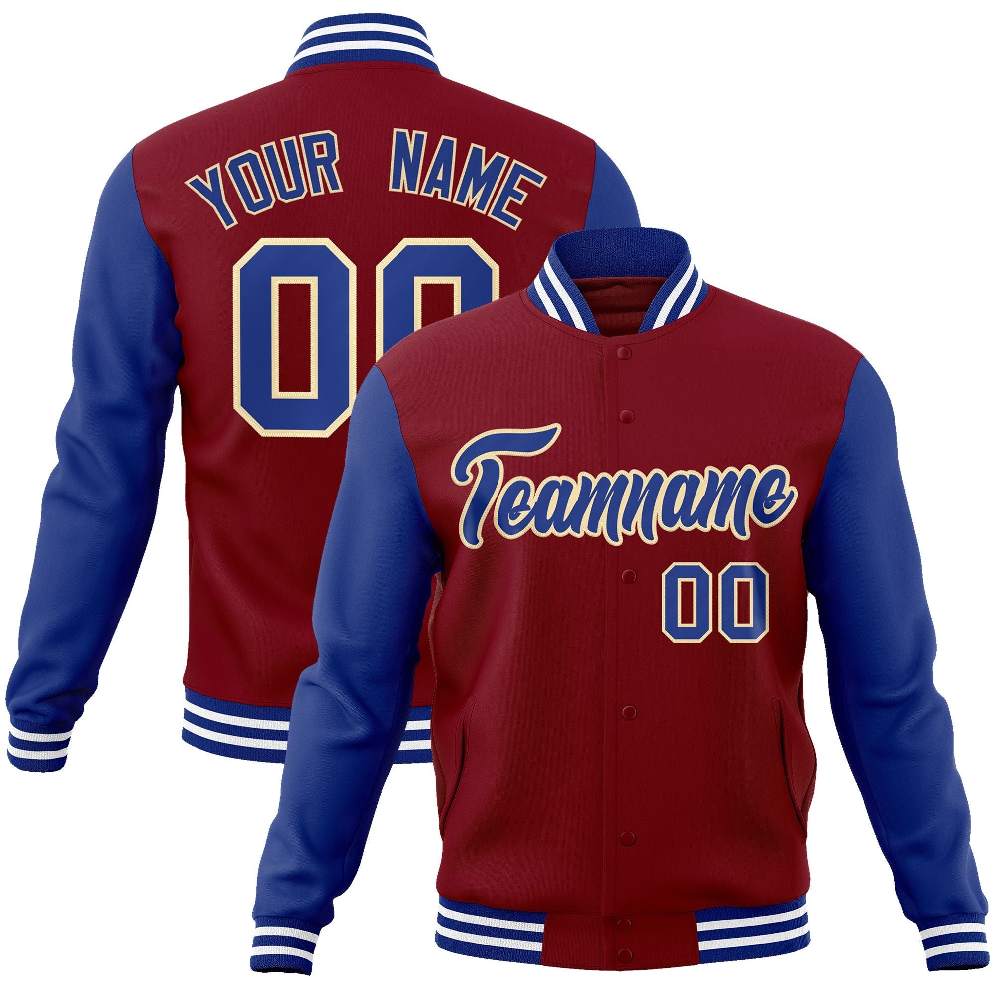 Custom Crimson Royal-Khaki Raglan Sleeves Varsity Full-Snap Letterman Jacket