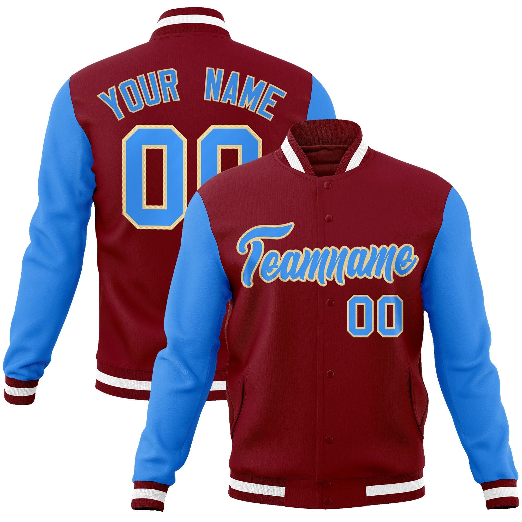 Custom Crimson Powder Blue-Khaki Raglan Sleeves Varsity Full-Snap Letterman Jacket