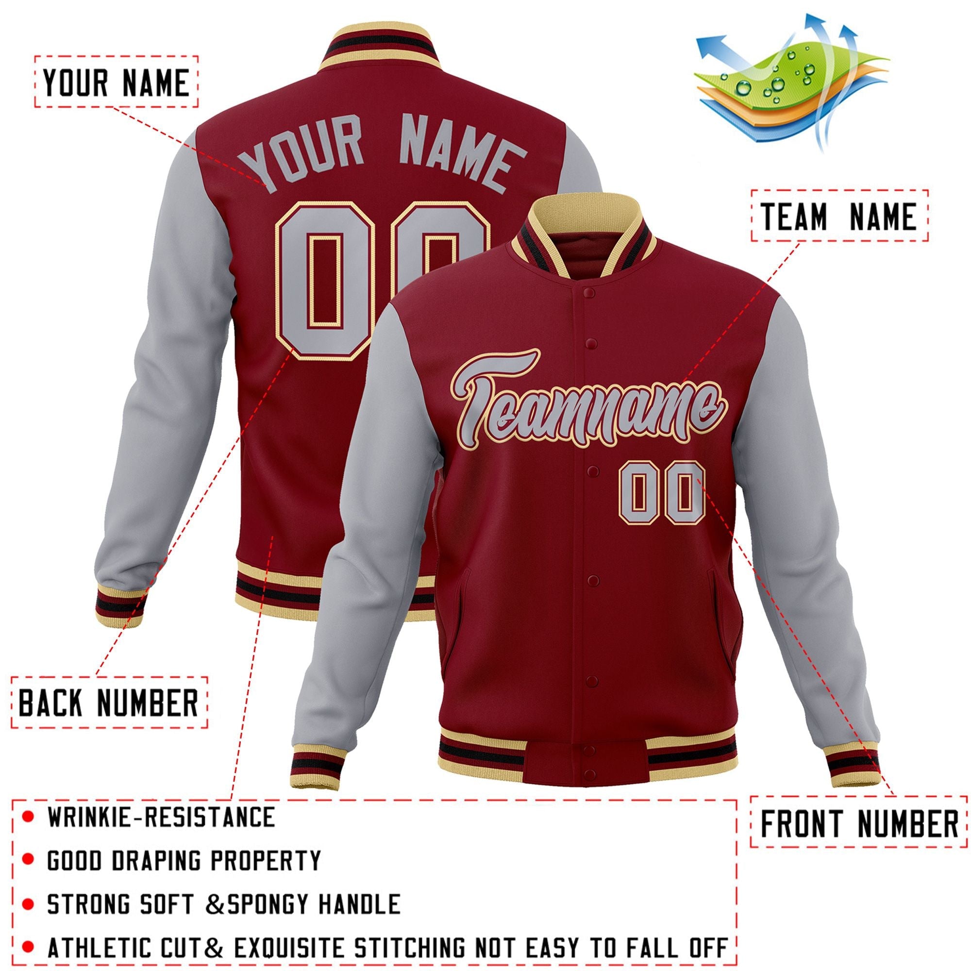 Custom Crimson Gray-Crimson Raglan Sleeves Varsity Full-Snap Letterman Jacket