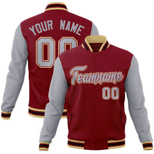 Custom Crimson Gray-Crimson Raglan Sleeves Varsity Full-Snap Letterman Jacket