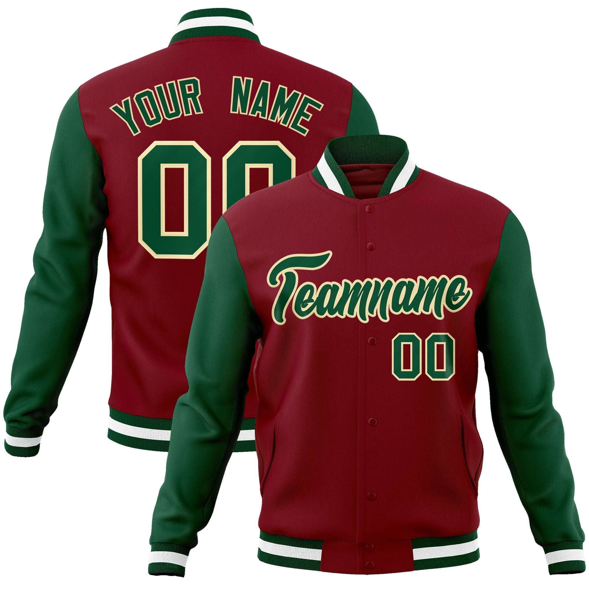 Custom Crimson Green-Khaki Raglan Sleeves Varsity Full-Snap Letterman Jacket