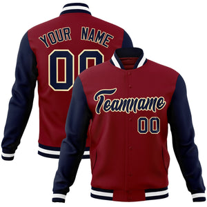 Custom Crimson Navy-Khaki Raglan Sleeves Varsity Full-Snap Letterman Jacket