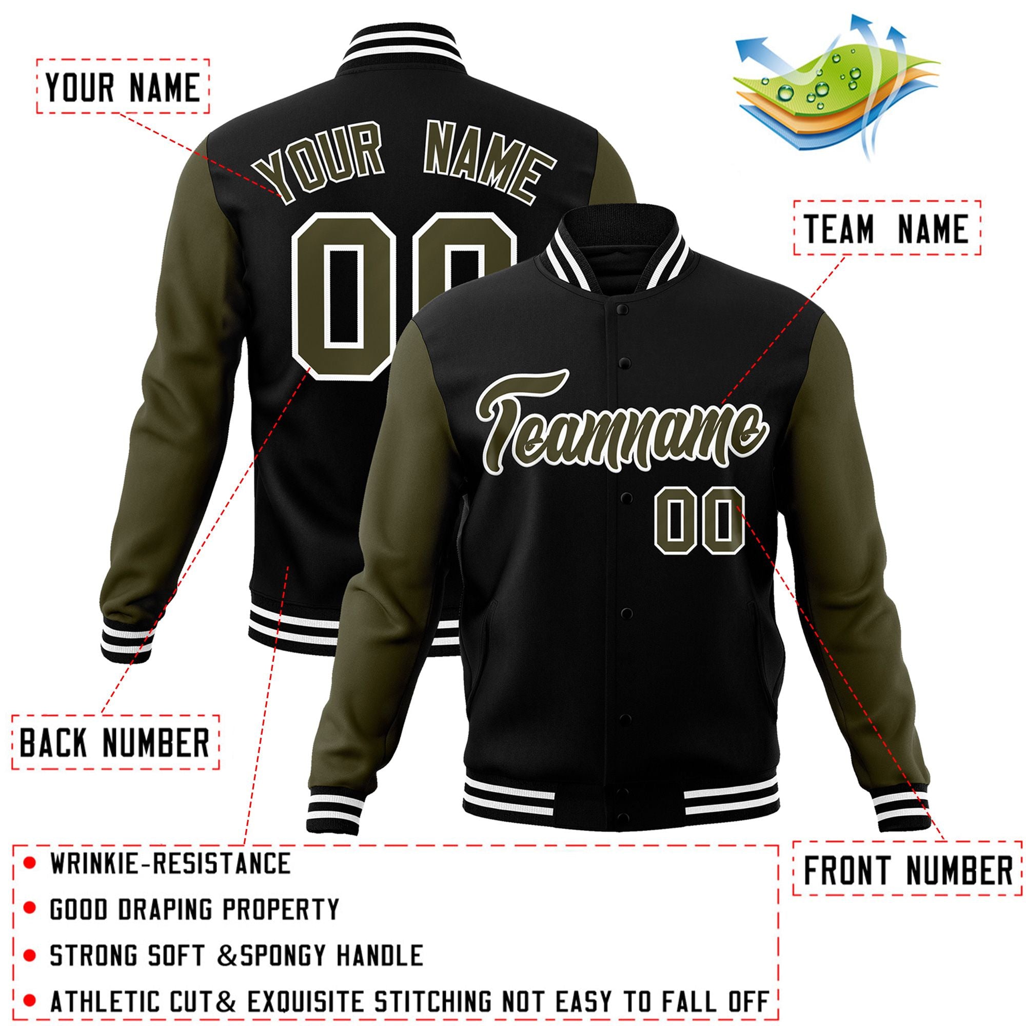 Veste Letterman Varsity Full-Snap à manches raglan noires et blanches personnalisées