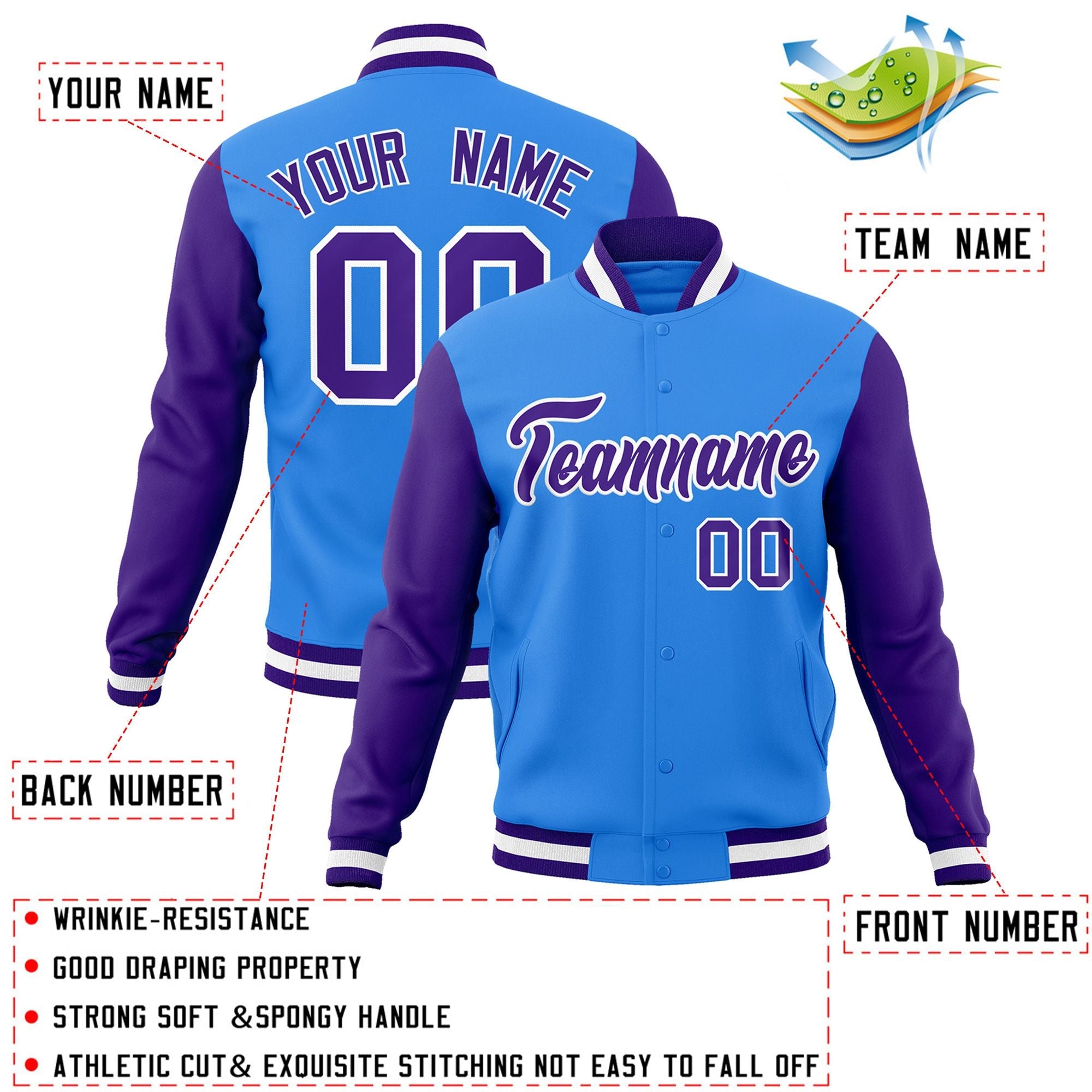 Custom Powder Blue Purple-White Raglan Sleeves Varsity Full-Snap Letterman Jacket