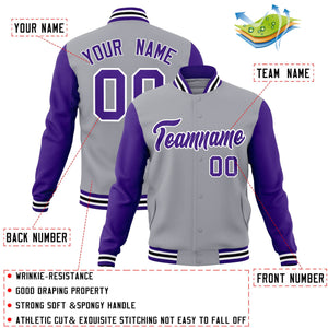 Custom Gray Purple-White Raglan Sleeves Varsity Full-Snap Letterman Jacket