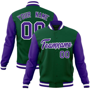 Custom Green Purple-White Raglan Sleeves Varsity Full-Snap Letterman Jacket