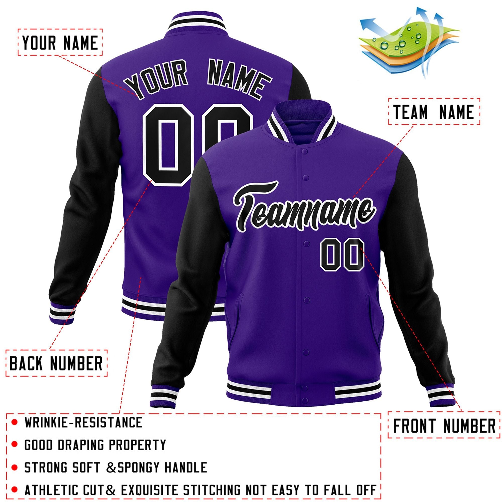 Veste Letterman Varsity Full-Snap à manches raglan violet noir-blanc personnalisée