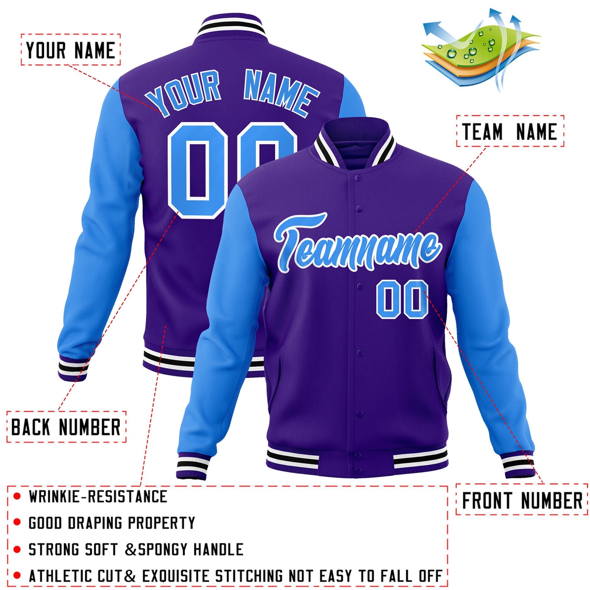 Veste Letterman Varsity Full-Snap à manches raglan bleu-blanc violet personnalisée