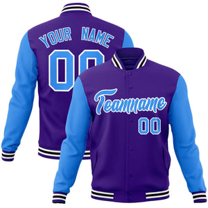 Custom Purple Powder Blue-White Raglan Sleeves Varsity Full-Snap Letterman Jacket