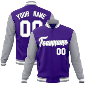 Custom Purple White-Gray Raglan Sleeves Varsity Full-Snap Letterman Jacket