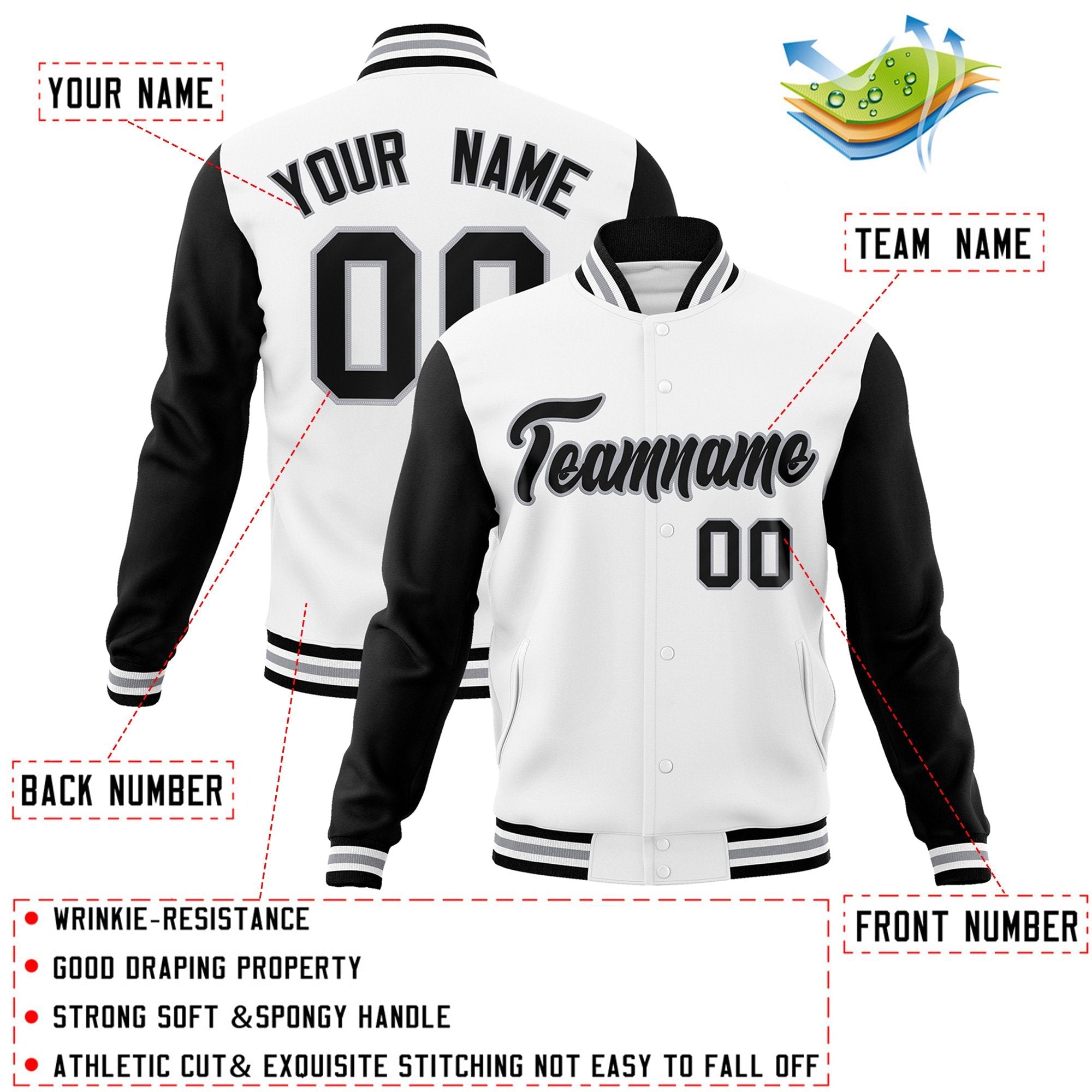 Veste Letterman Varsity Full-Snap personnalisée à manches raglan blanc noir-gris