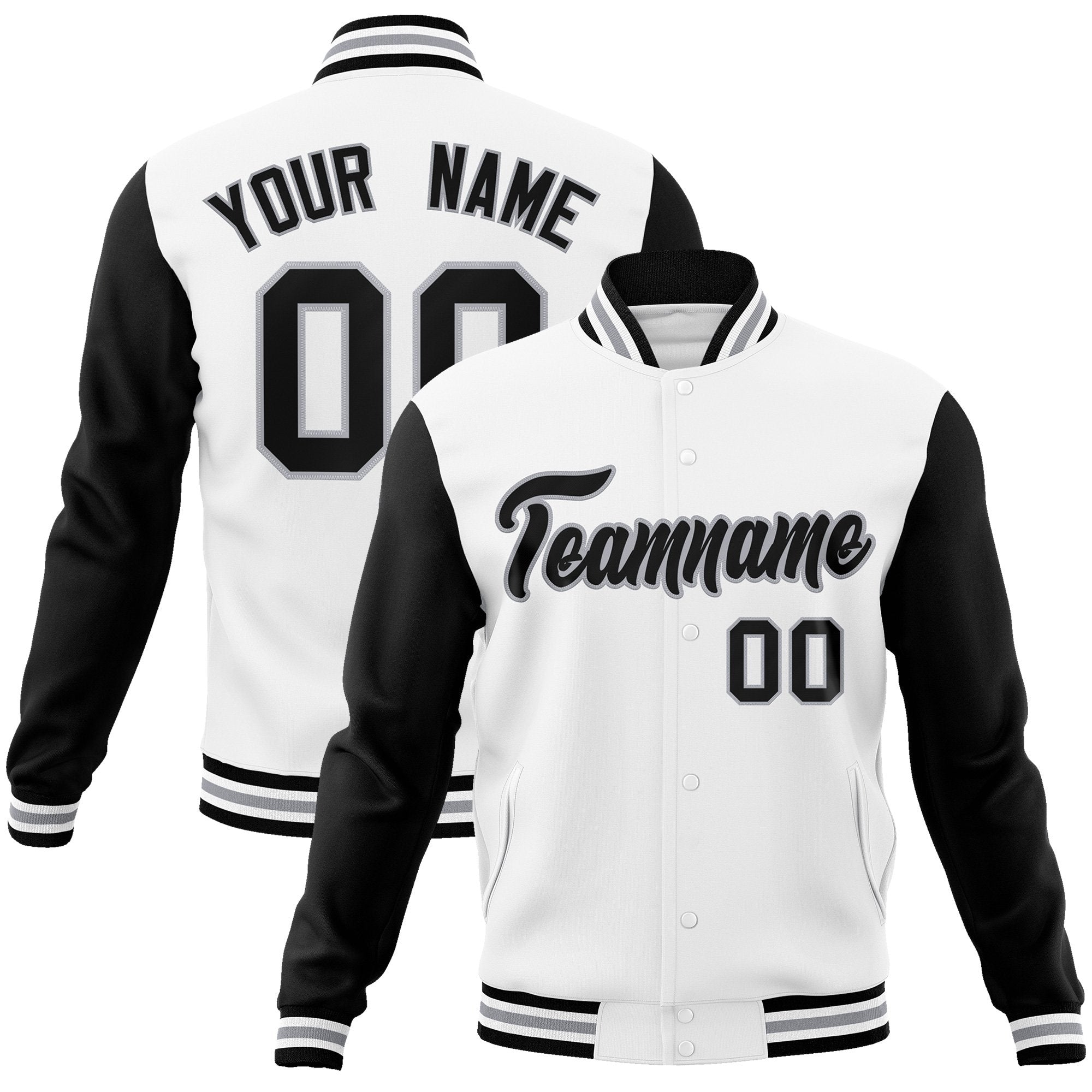 Custom White Black-Gray Raglan Sleeves Varsity Full-Snap Letterman Jacket