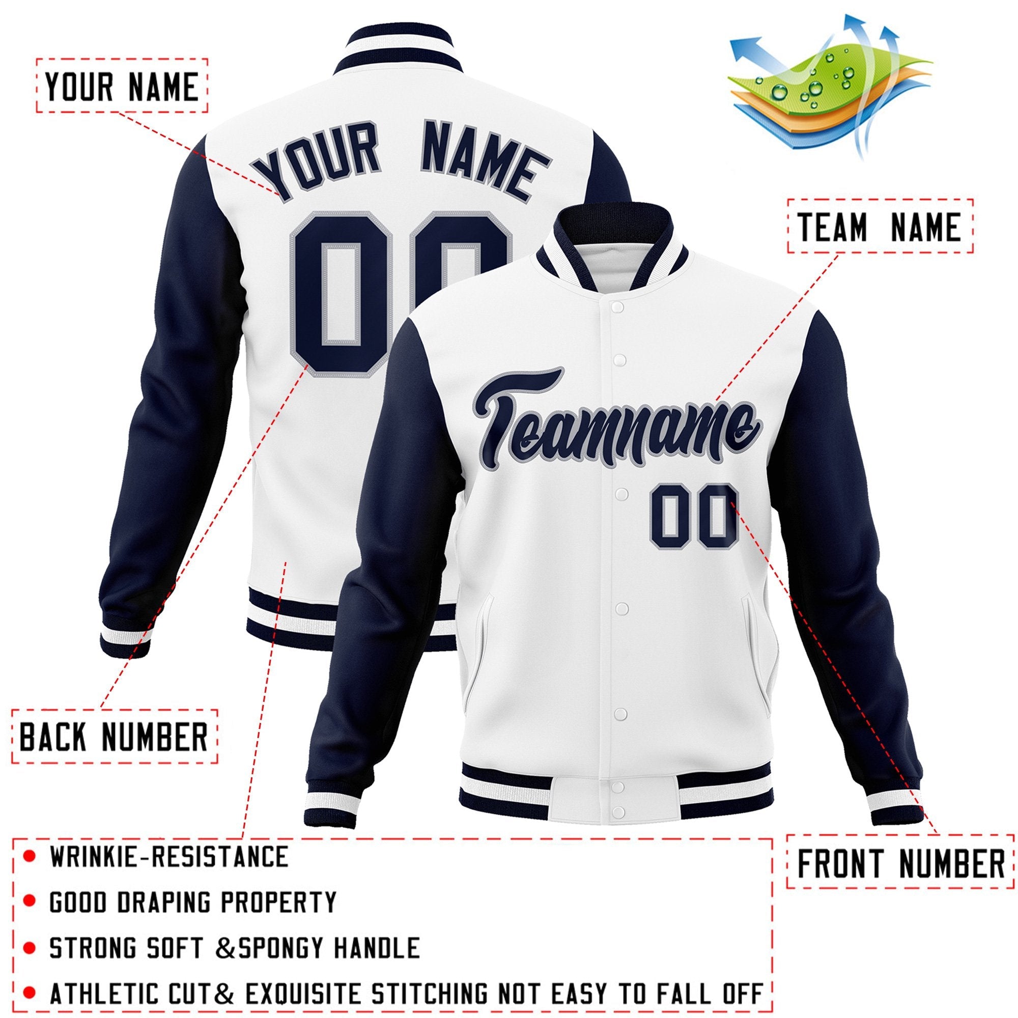 Veste Letterman Varsity Full-Snap personnalisée à manches raglan blanc-gris marine