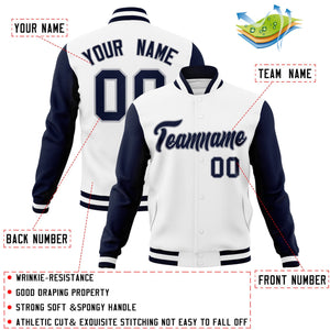 Custom White Navy-Gray Raglan Sleeves Varsity Full-Snap Letterman Jacket