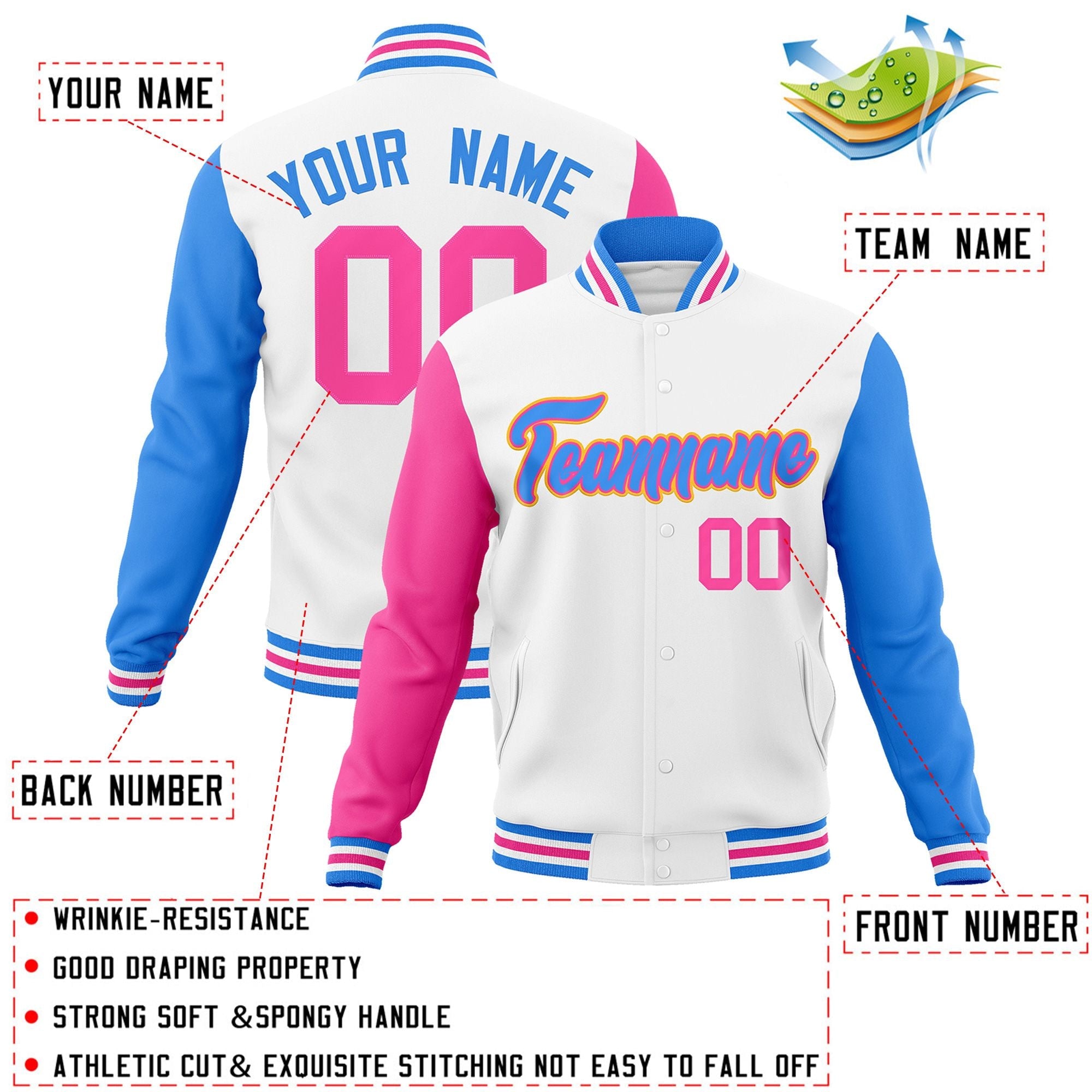 Veste Letterman Varsity Full-Snap à manches raglan bleu-rose poudre blanche personnalisée