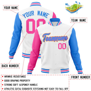 Custom White Powder Blue-Pink Raglan Sleeves Varsity Full-Snap Letterman Jacket