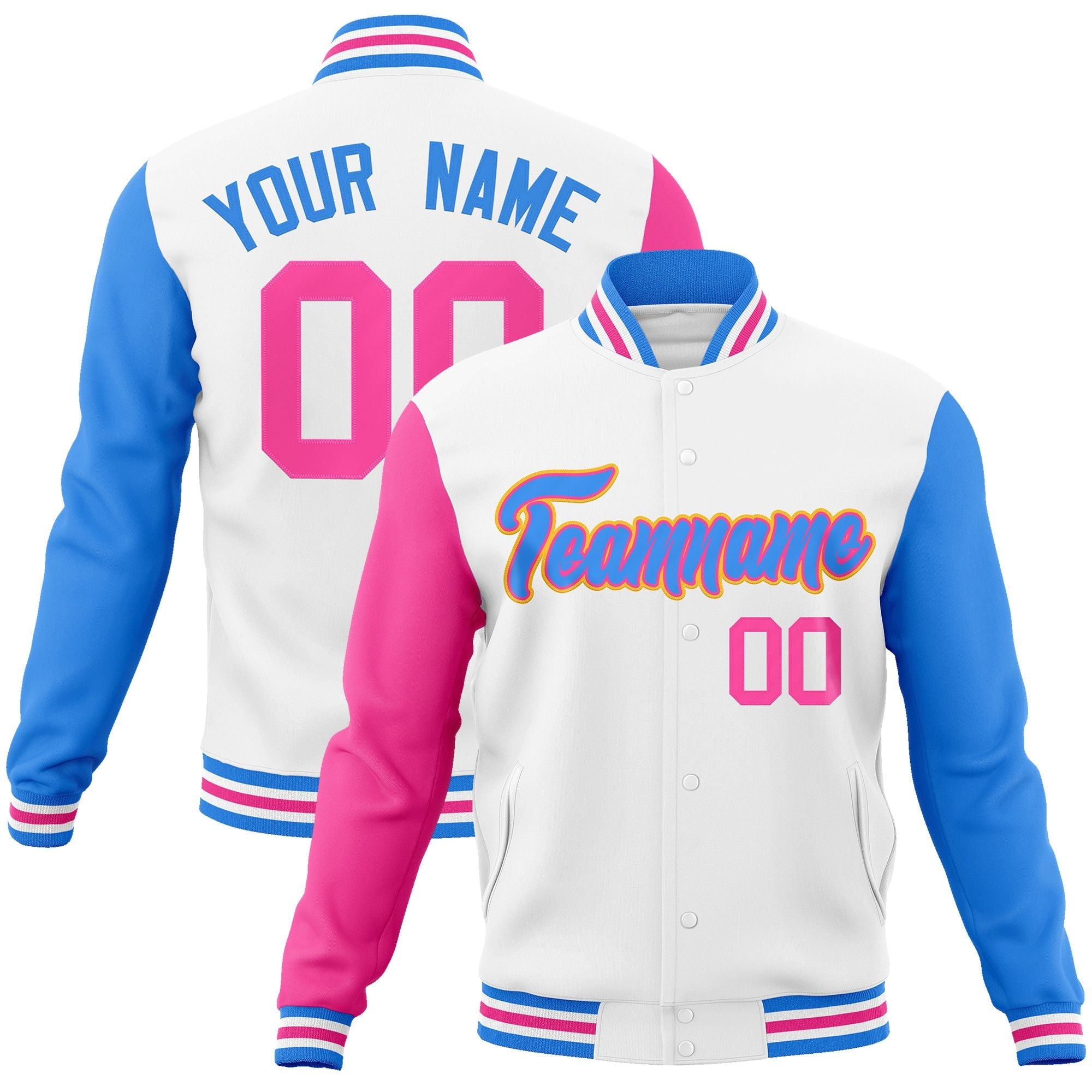 Custom White Powder Blue-Pink Raglan Sleeves Varsity Full-Snap Letterman Jacket