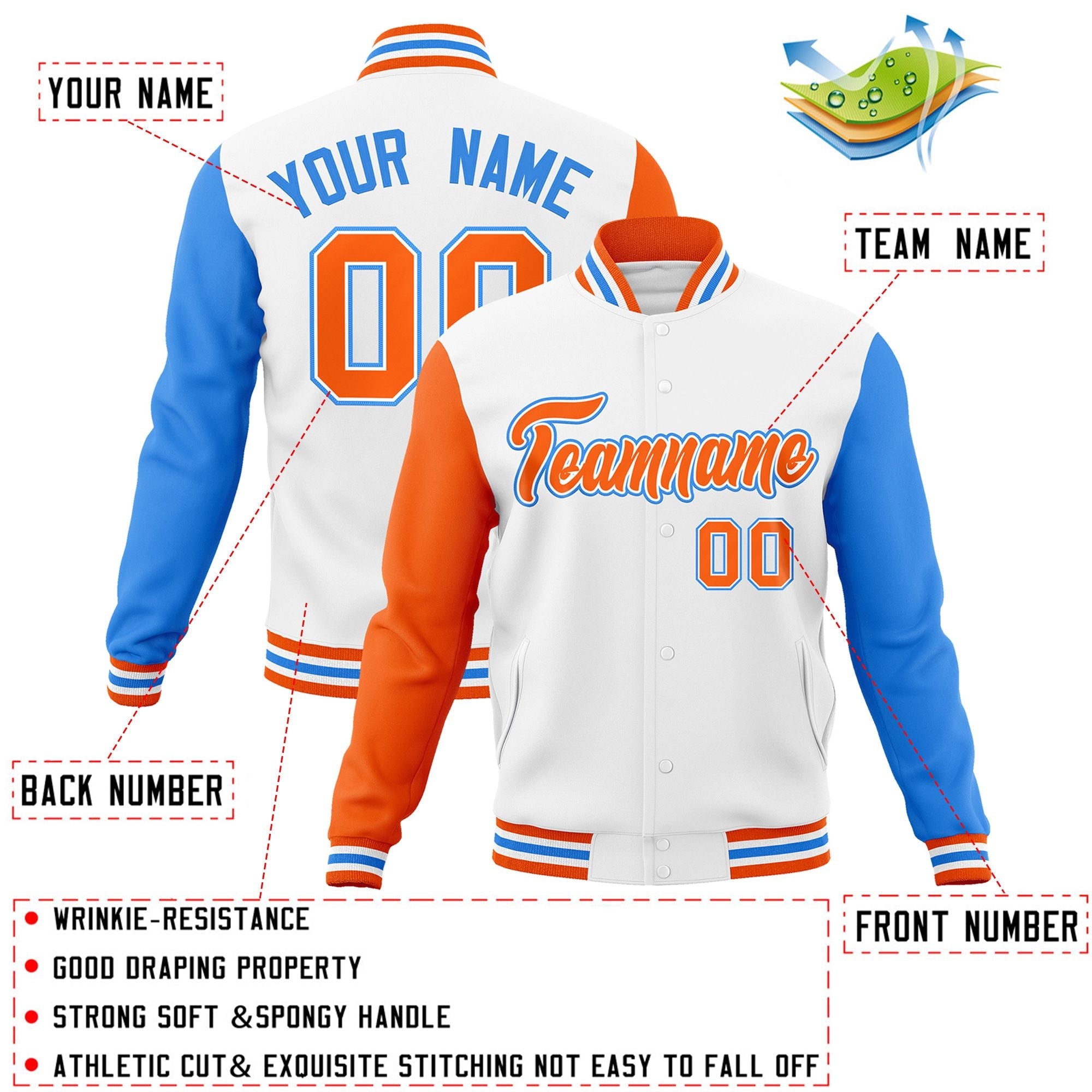 Custom White Orange-White Raglan Sleeves Varsity Full-Snap Letterman Jacket