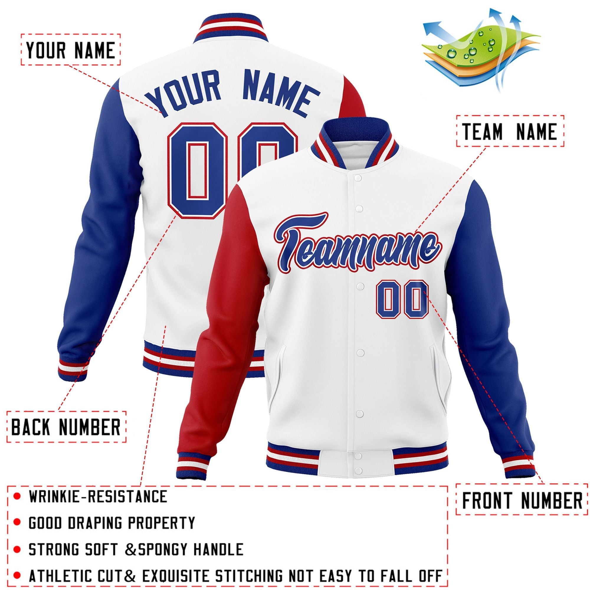 Veste Letterman Varsity Full-Snap à manches raglan blanc royal-blanc personnalisée