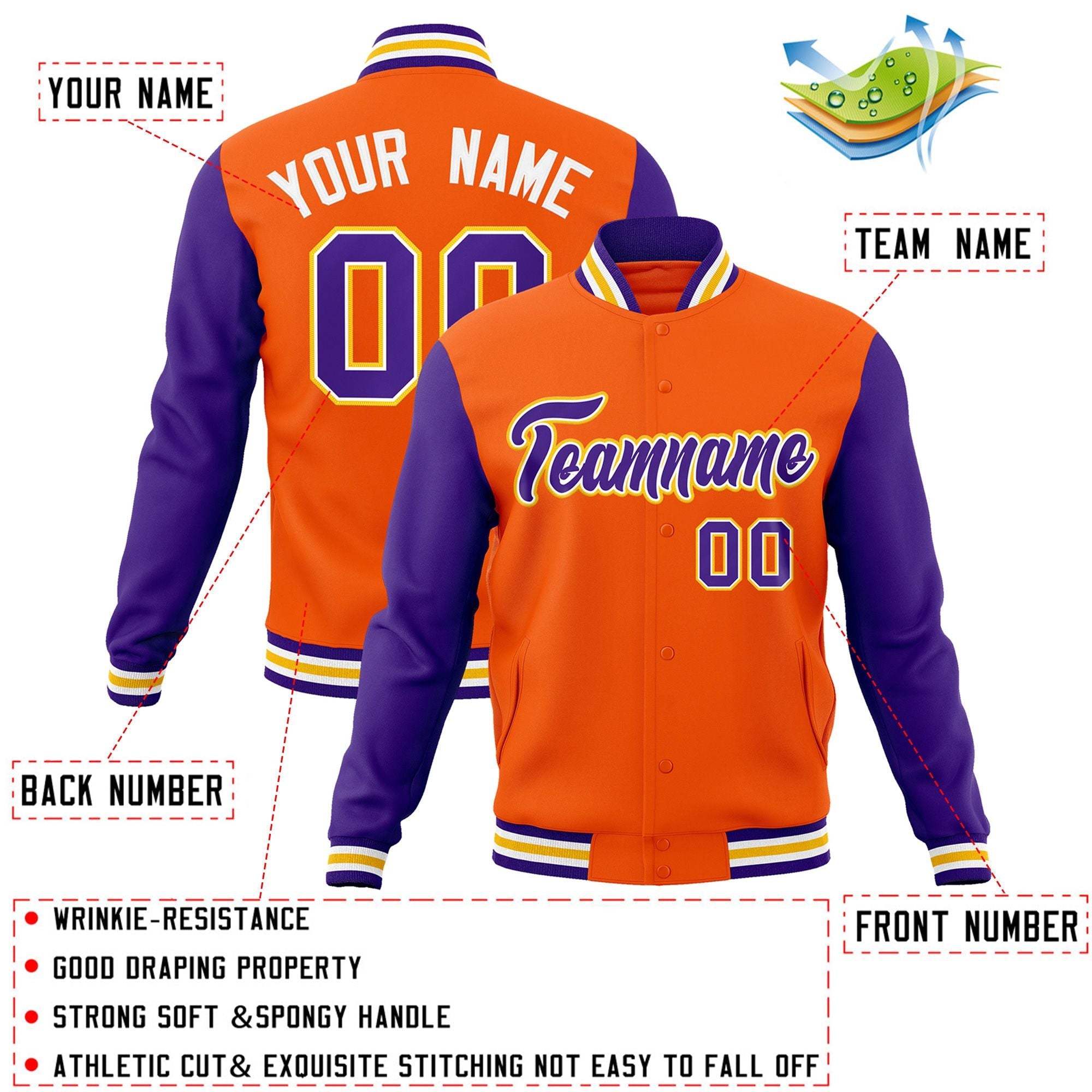 Veste Letterman Varsity Full-Snap à manches raglan orange violet-blanc personnalisée