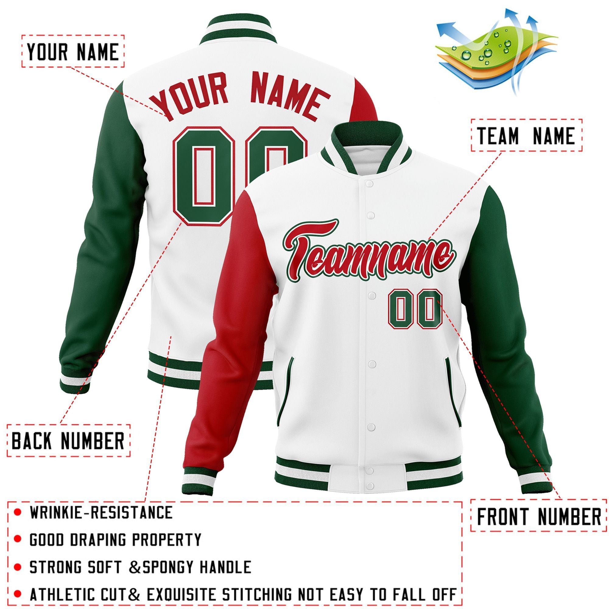 Custom White Red-White Raglan Sleeves Varsity Full-Snap Letterman Jacket