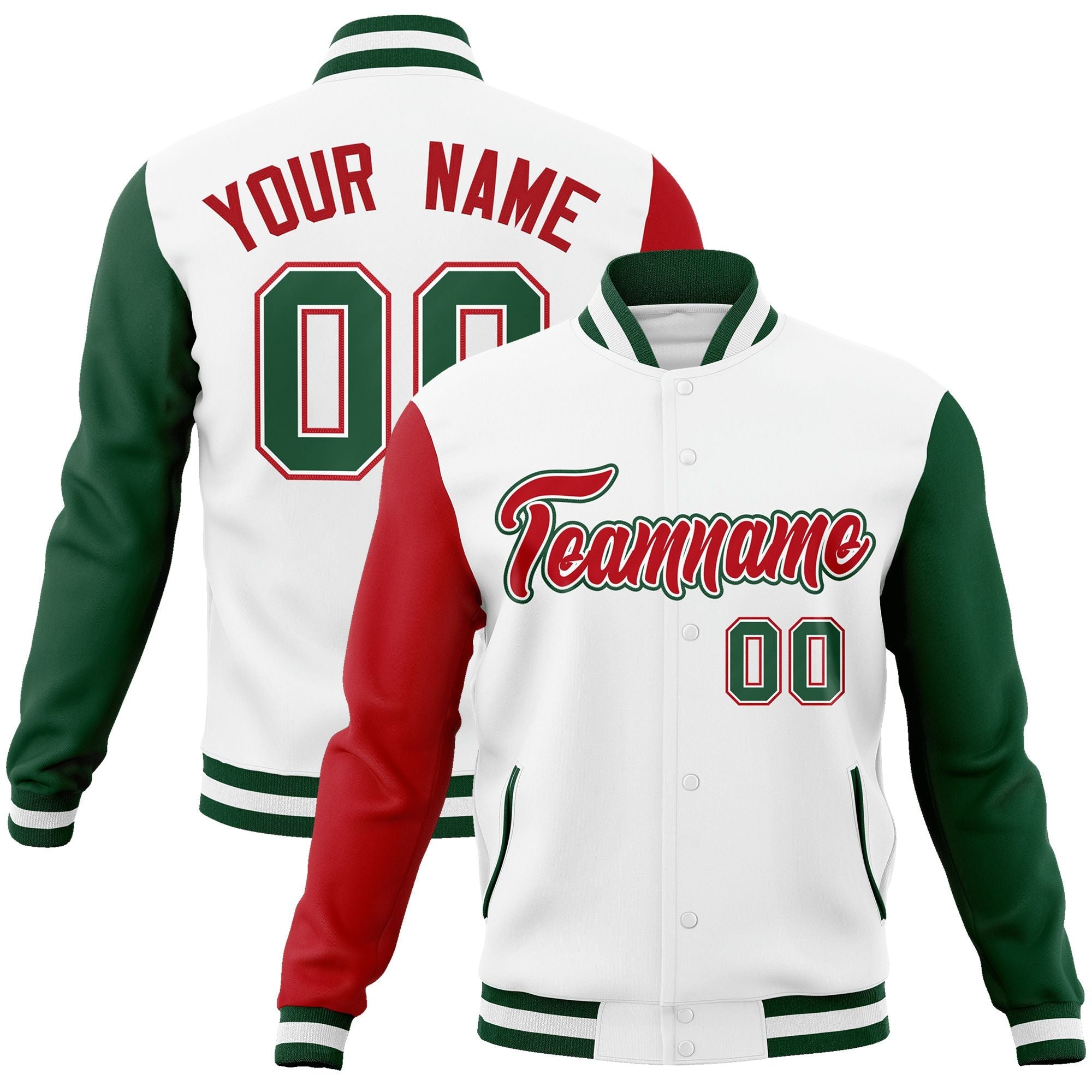 Custom White Red-White Raglan Sleeves Varsity Full-Snap Letterman Jacket