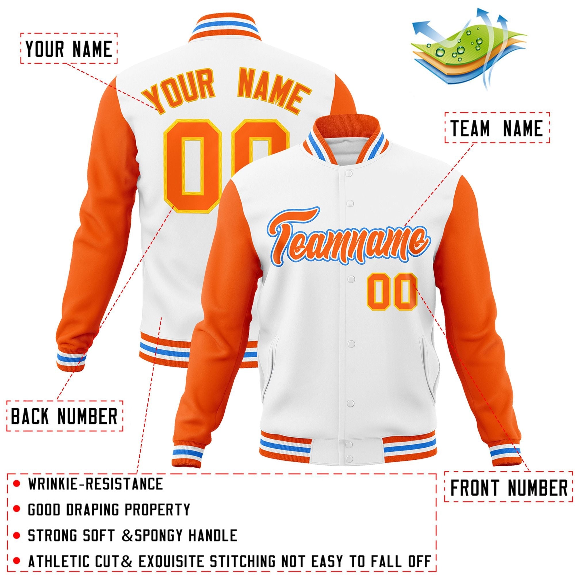 Veste Letterman Varsity Full-Snap à manches raglan blanc-orange-blanc personnalisée