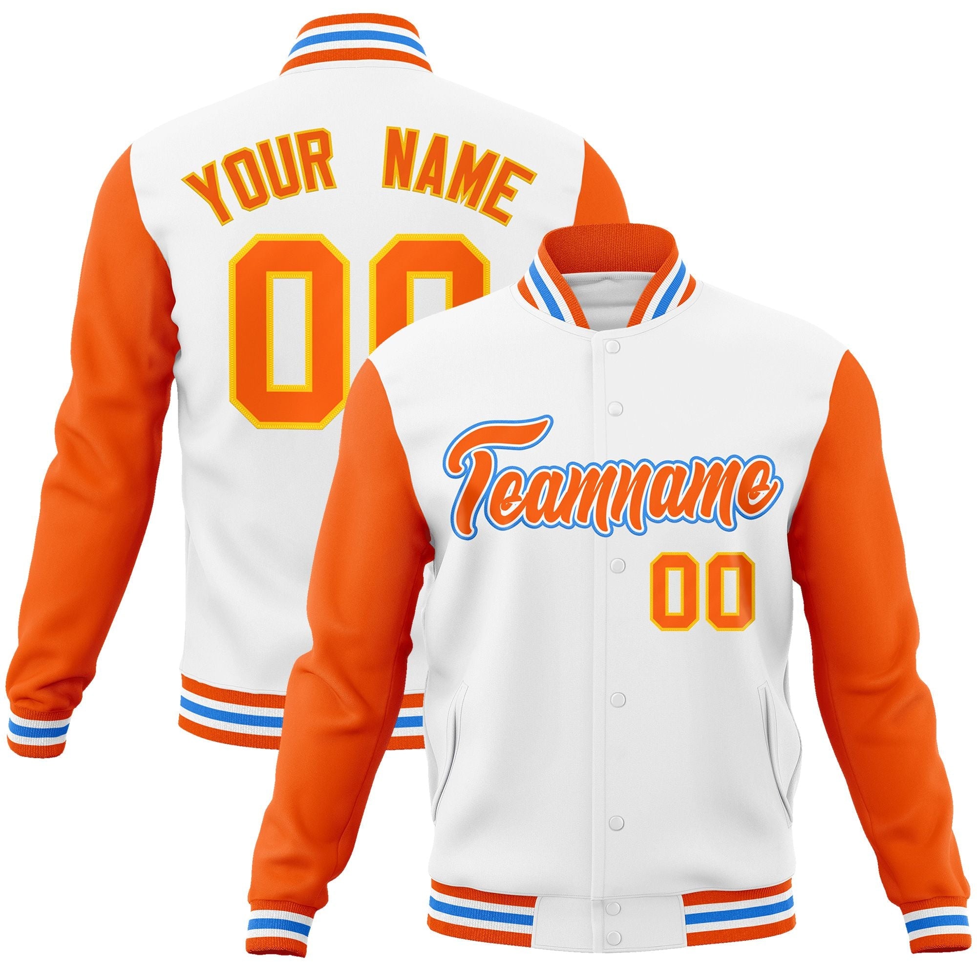 Custom White Orange-White Raglan Sleeves Varsity Full-Snap Letterman Jacket