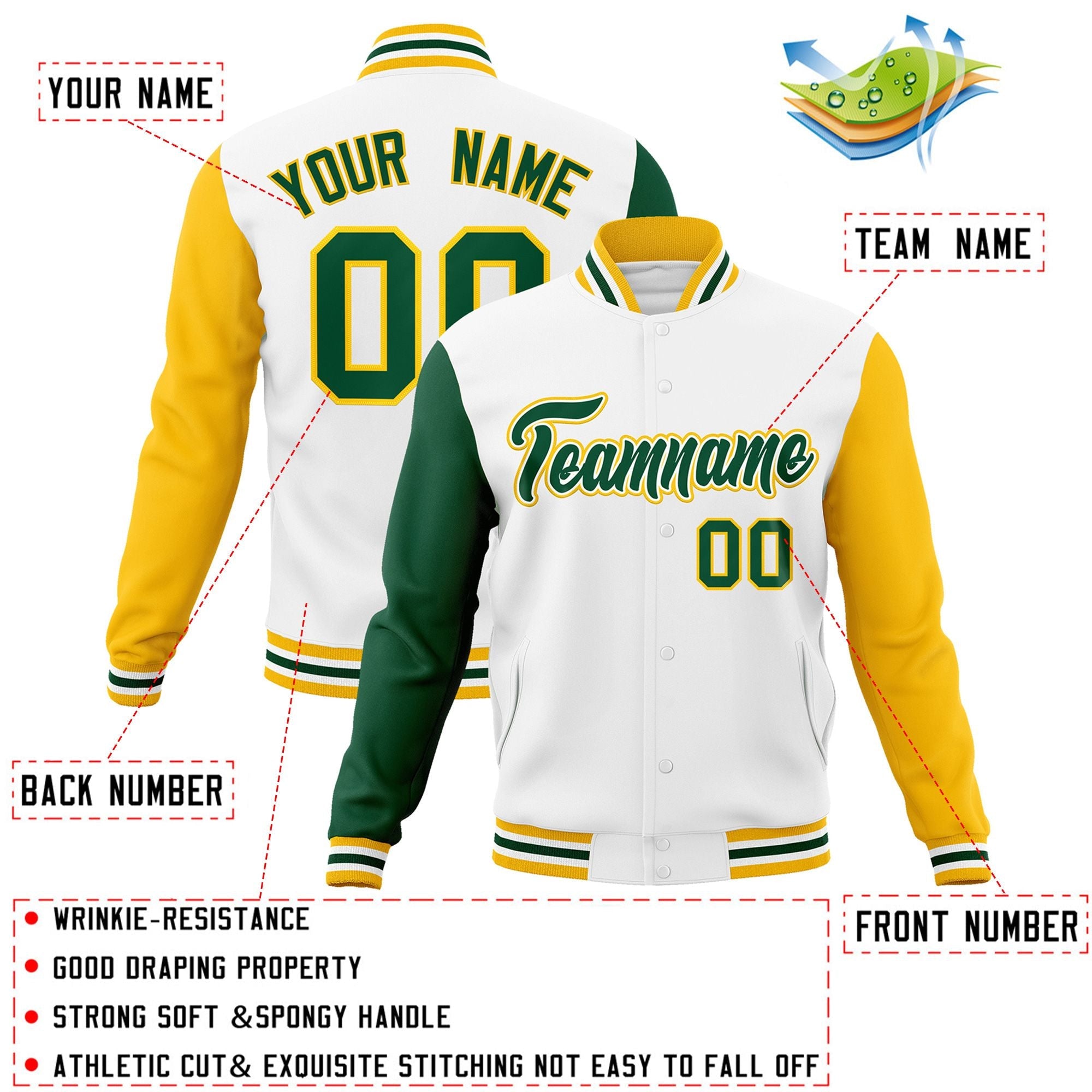 Veste Letterman Varsity Full-Snap personnalisée à manches raglan blanc vert-blanc