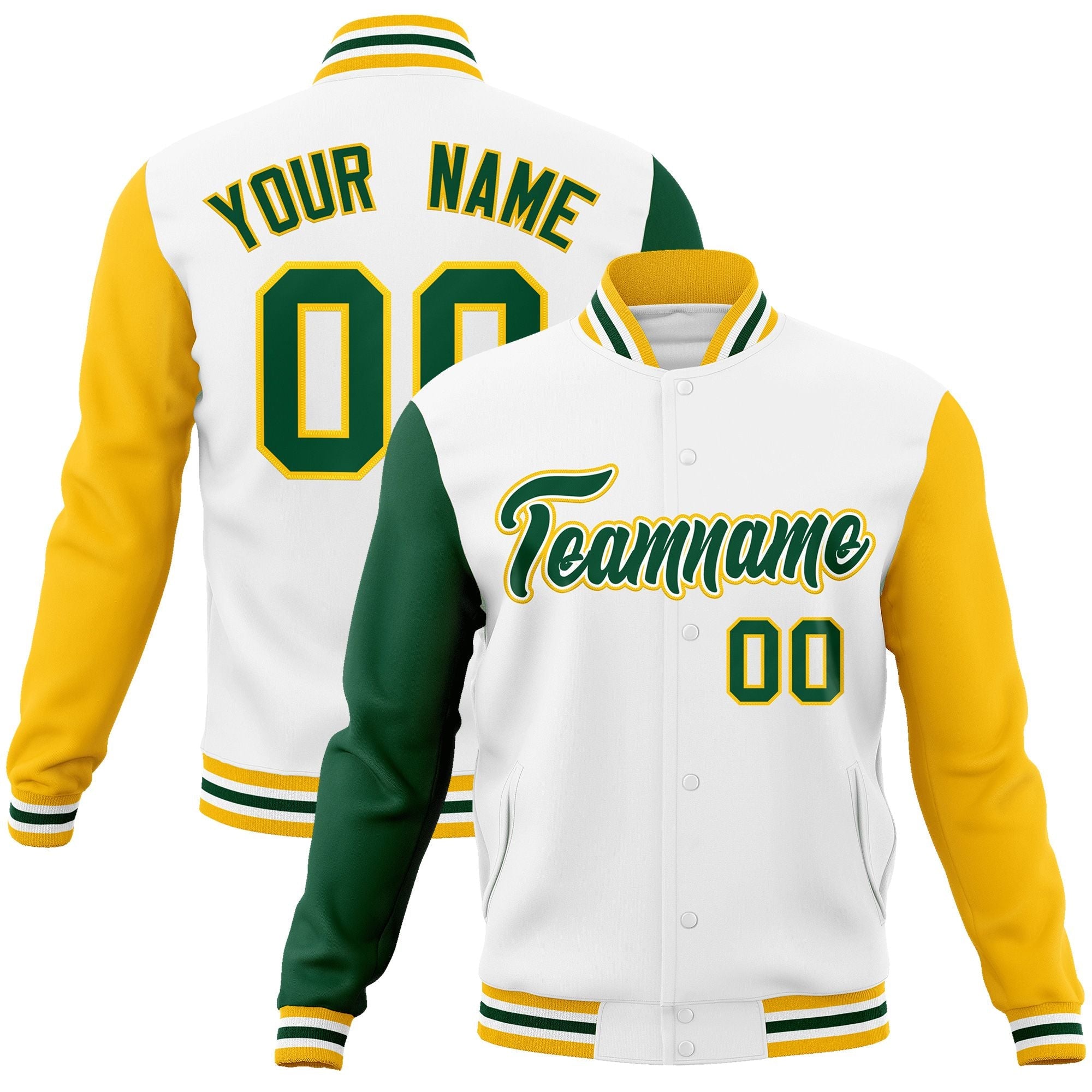 Custom White Green-White Raglan Sleeves Varsity Full-Snap Letterman Jacket