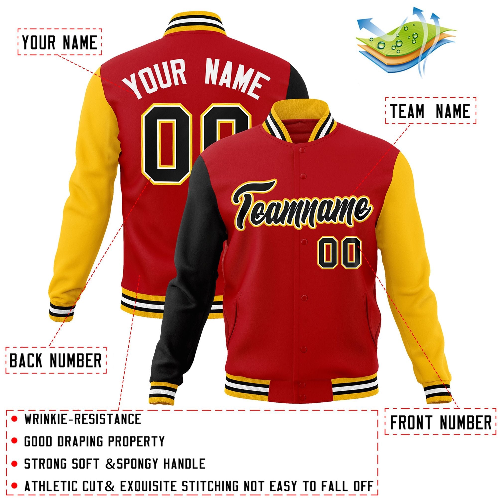 Custom Red Black-White Raglan Sleeves Varsity Full-Snap Letterman Jacket