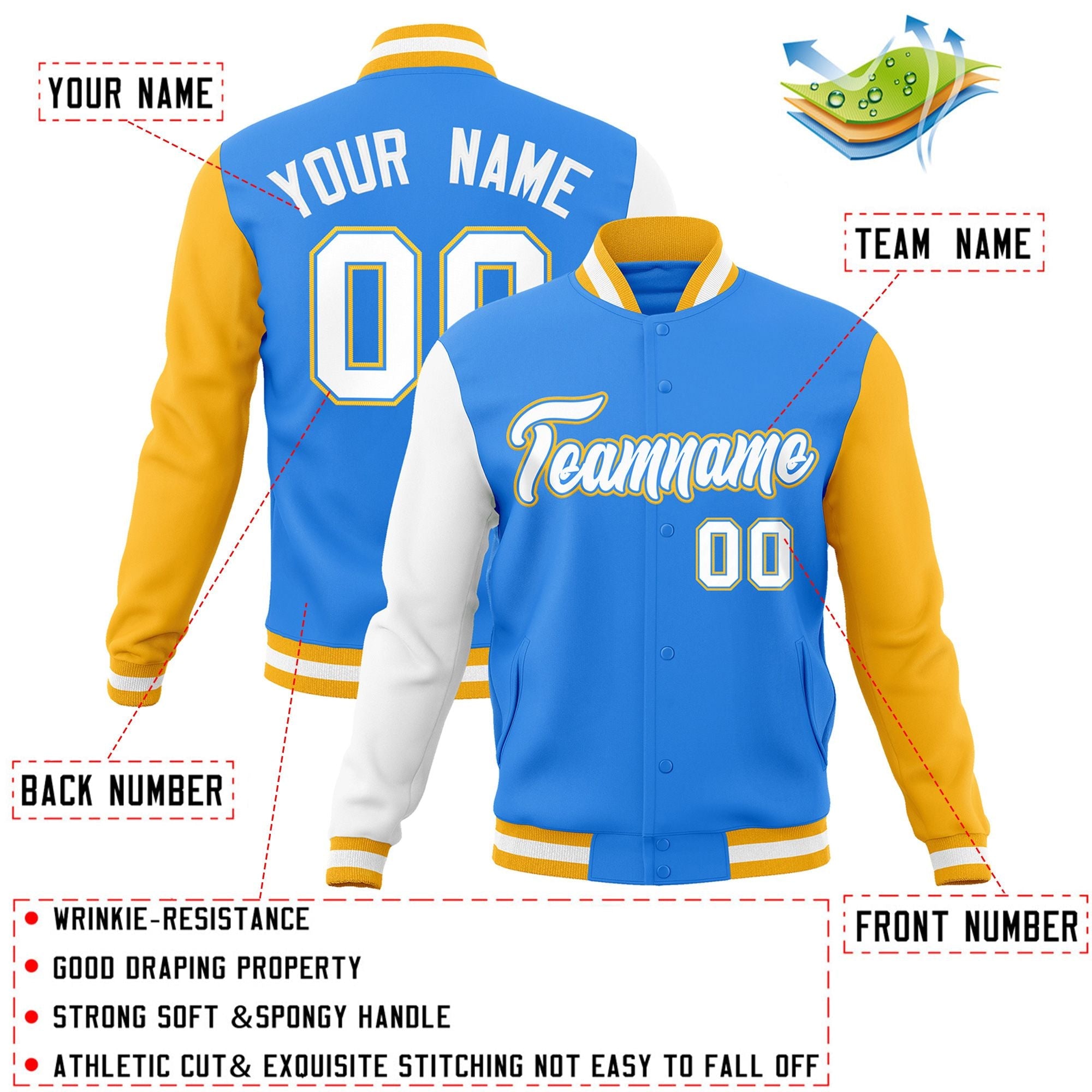 Custom Powder Blue White-Powder Blue Raglan Sleeves Varsity Full-Snap Letterman Jacket