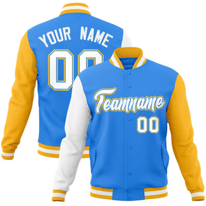 Custom Powder Blue White-Powder Blue Raglan Sleeves Varsity Full-Snap Letterman Jacket