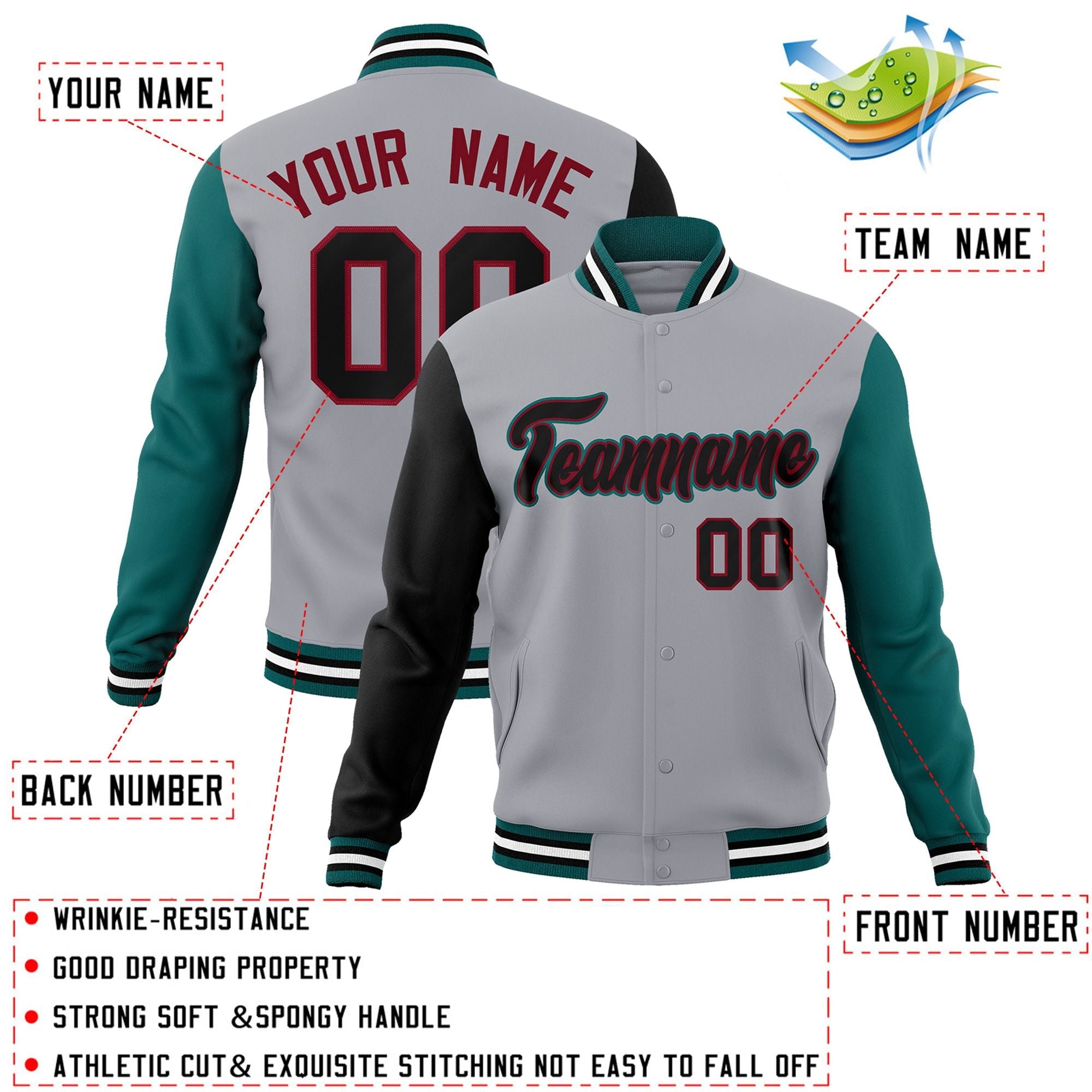 Veste Letterman Varsity Full-Snap à manches raglan gris noir-cramoisi personnalisée