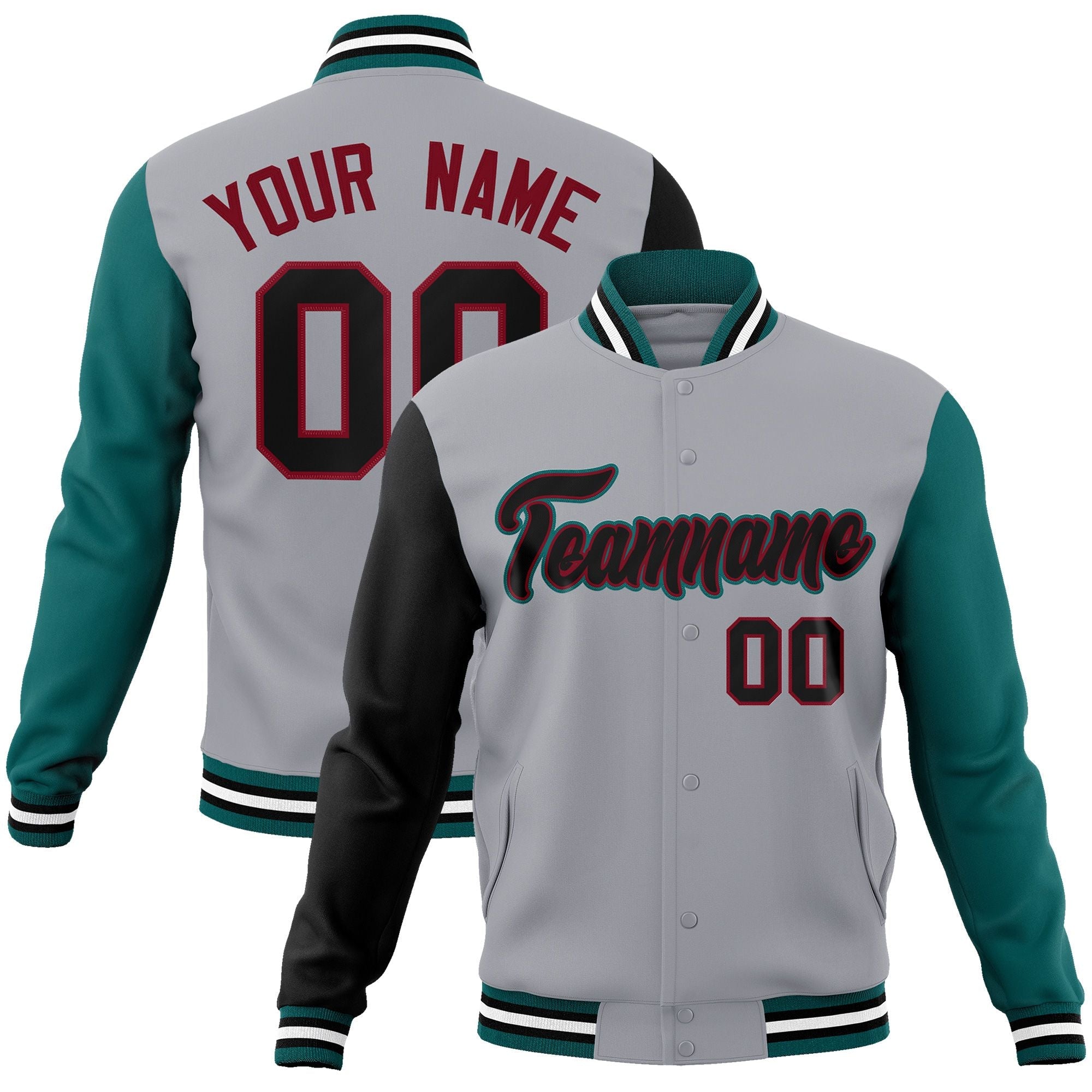 Custom Gray Black-Crimson Raglan Sleeves Varsity Full-Snap Letterman Jacket