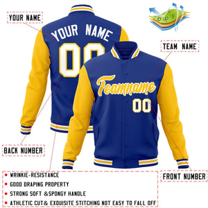 Veste Letterman Varsity à manches raglan personnalisées Royal Gold-White